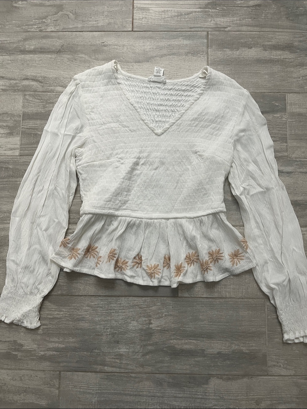 Japna White Long-Sleeve Peplum Tunic with Tan Floral Embroidery